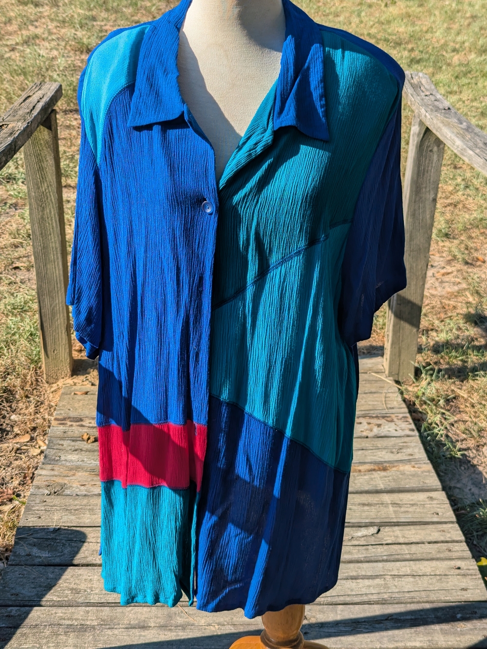 Colorblock Blue & Teal Button-Front Midi Dress with Pink Accent